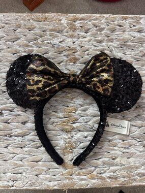 Disney Black Sequin Minnie Ears with Leopard Bow